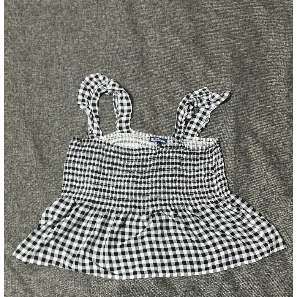 Freshman Women's Large Tank Top Black White Gingham Smocked Peplum Ruffle Strap